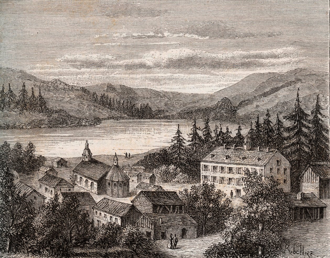 Lac de Gerardmer - Alsace Champagne Ardenne Lorraine - metszet a „La France illustree: földrajz, történelem, statisztikai igazgatás” című könyvében, V.A. Maláta-barna. 1884 alkotó: French School