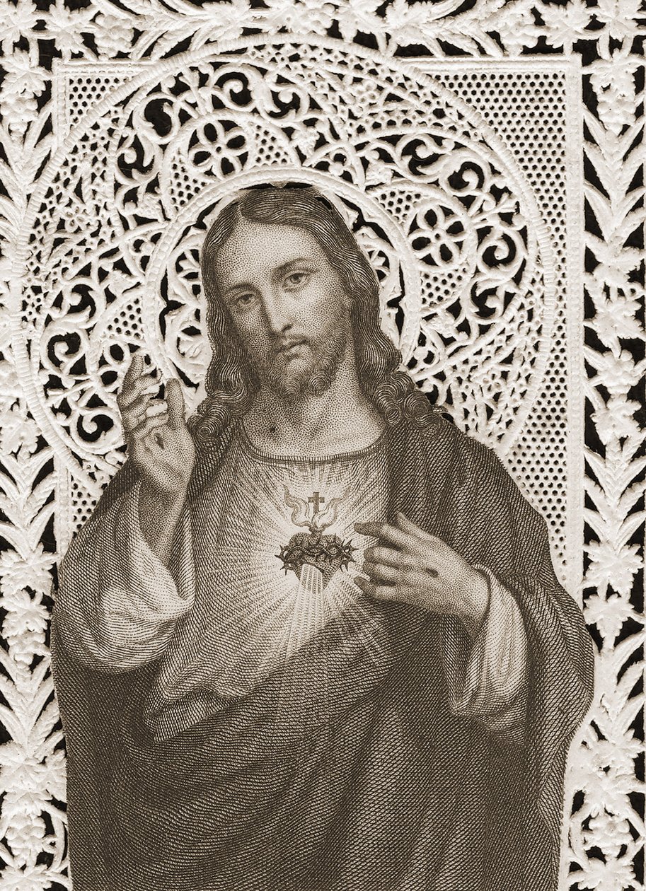 Jézus Szentséges Szívét ábrázoló csipkekártya, 19. század (bw litho) alkotó: French School