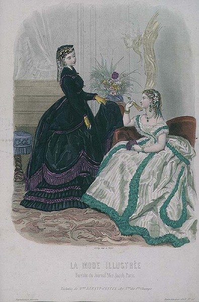Női ruhák Madame Brent-Castle-től a "Journal De La Famille" pub "Fashion Illustration" rovatából. Leroy által alkotó: French School
