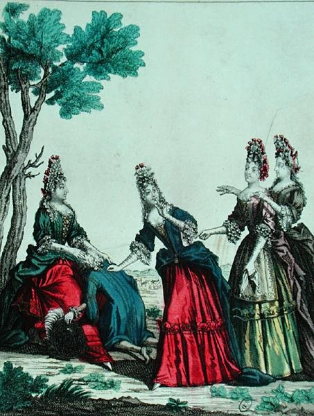 Hölgyek találgatást egy úriemberrel, 17. század 2. fele (színes metszet) alkotó: French School