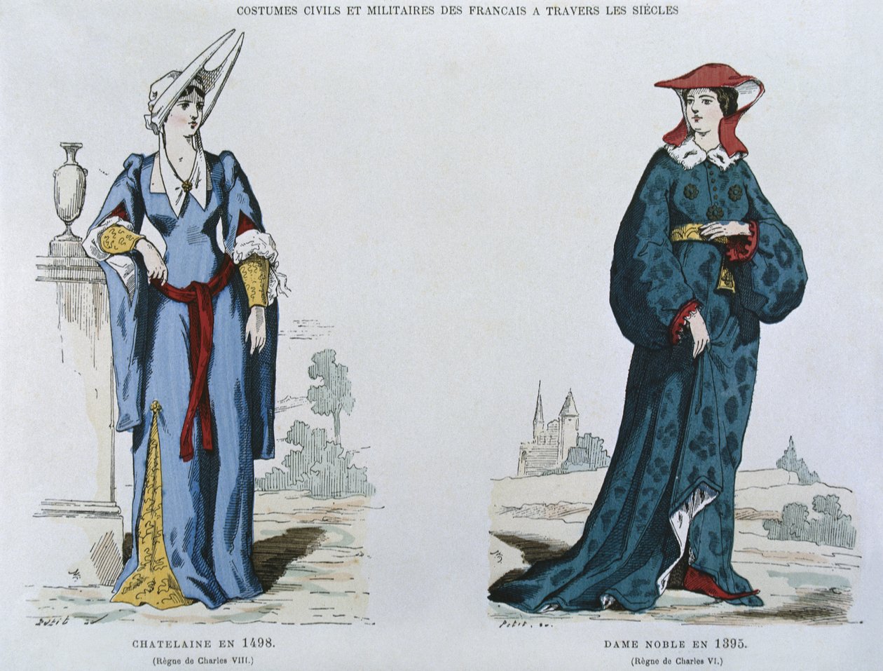 Hölgy 1498-ban VIII. Károly (1470-98) uralkodása alatt, nemesasszony 1395-ben VI. Károly (1380-1422) uralkodása alatt, francia polgári és katonai viseletből az évszázadokon keresztül (színes lith) alkotó: French School
