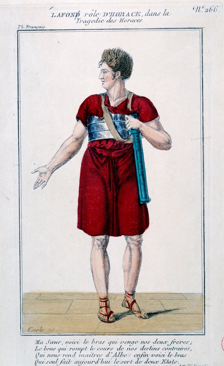 Lafon Horatius szerepében Corneille Horatius című tragédiájában (1640). századi metszet. Párizs, Comedie Francaise. alkotó: French School