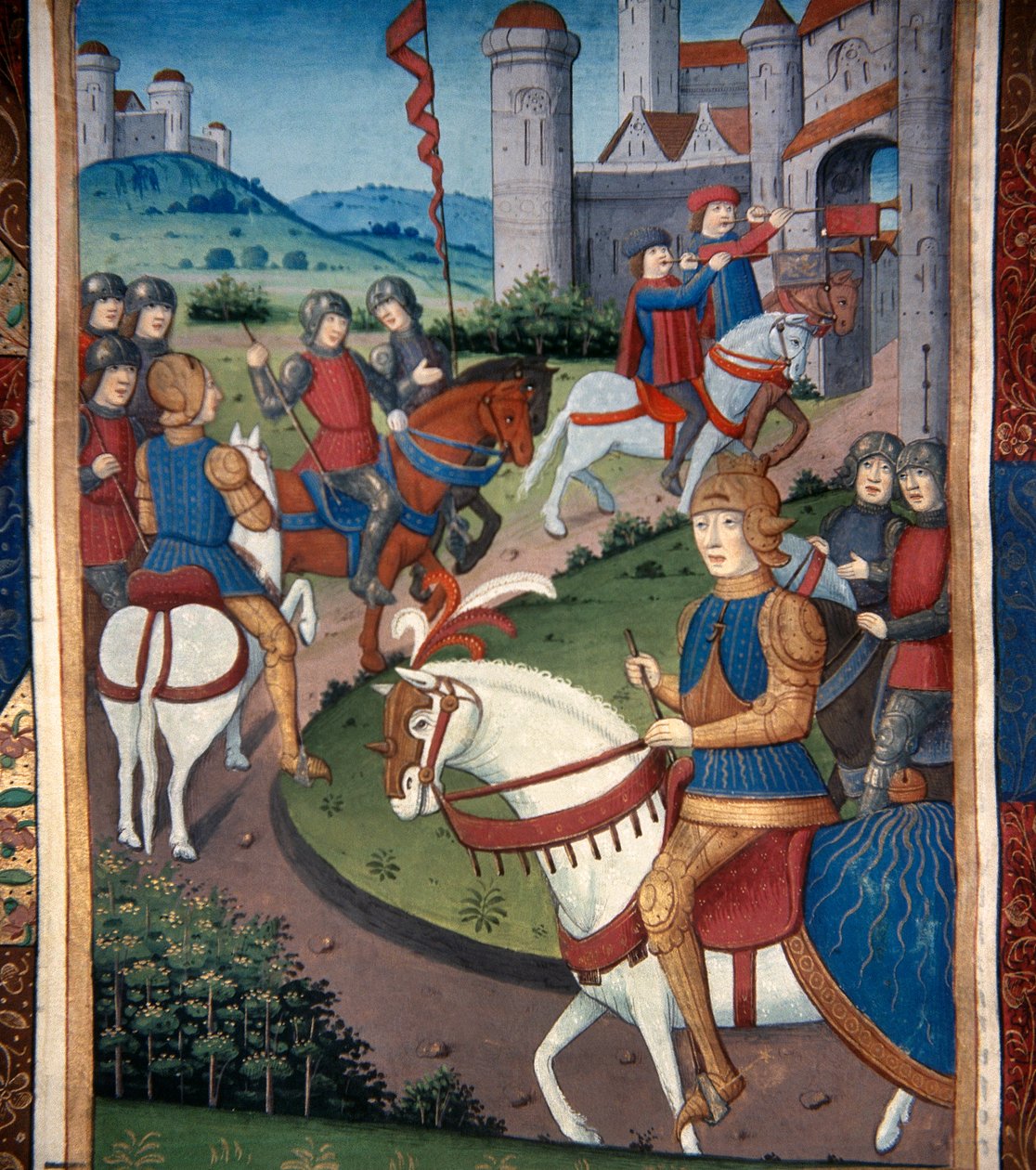 Lancelot egy francia faluba érkezik (vellum) alkotó: French School