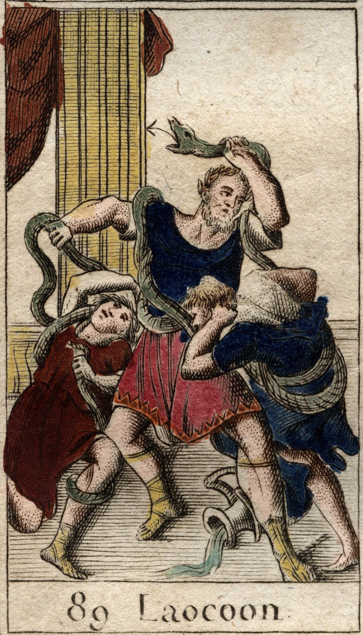 A görögöket támogató Laocoon Minerve tengeri kígyókat küld, hogy megtámadják Laocoon-t, akik óva intik Trója városának lakóit a lótól. Snakes rávetette magát két fiára és megmozdította őket, majd megtámadta Laokoont. (A görögöket támogató Minerva elküldte alkotó: French School