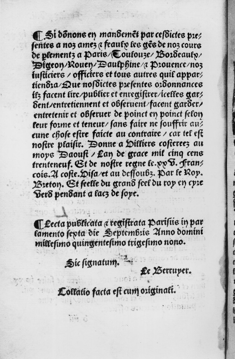 Villers-Cotterets rendeletének utolsó oldala, 1539 (nyomtatott papír) alkotó: French School