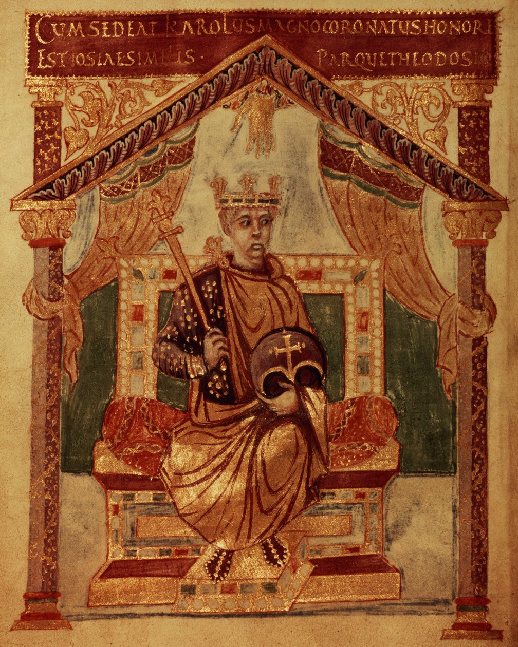 Lat 1152 f.3v Nagy Károly (Carolus Magnus, Nagy Károly) (747-814) a frankok királya és a nyugati keresztény császár, Merész Károly zsoltárából alkotó: French School