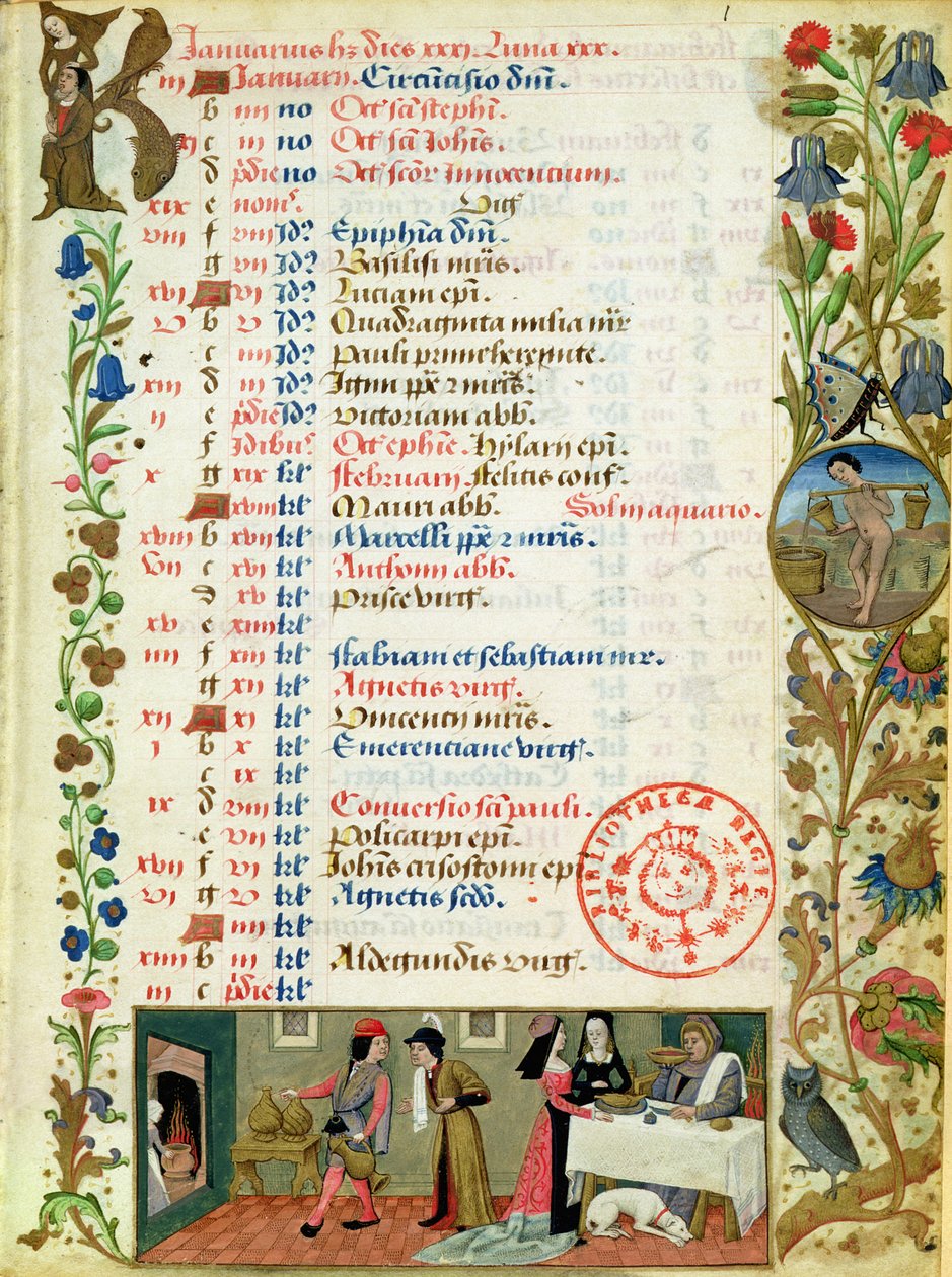 Lat 1173 f.1 január; evő-ivó alakok, Robinet Testard, Angouleme Károly óráiból alkotó: French School
