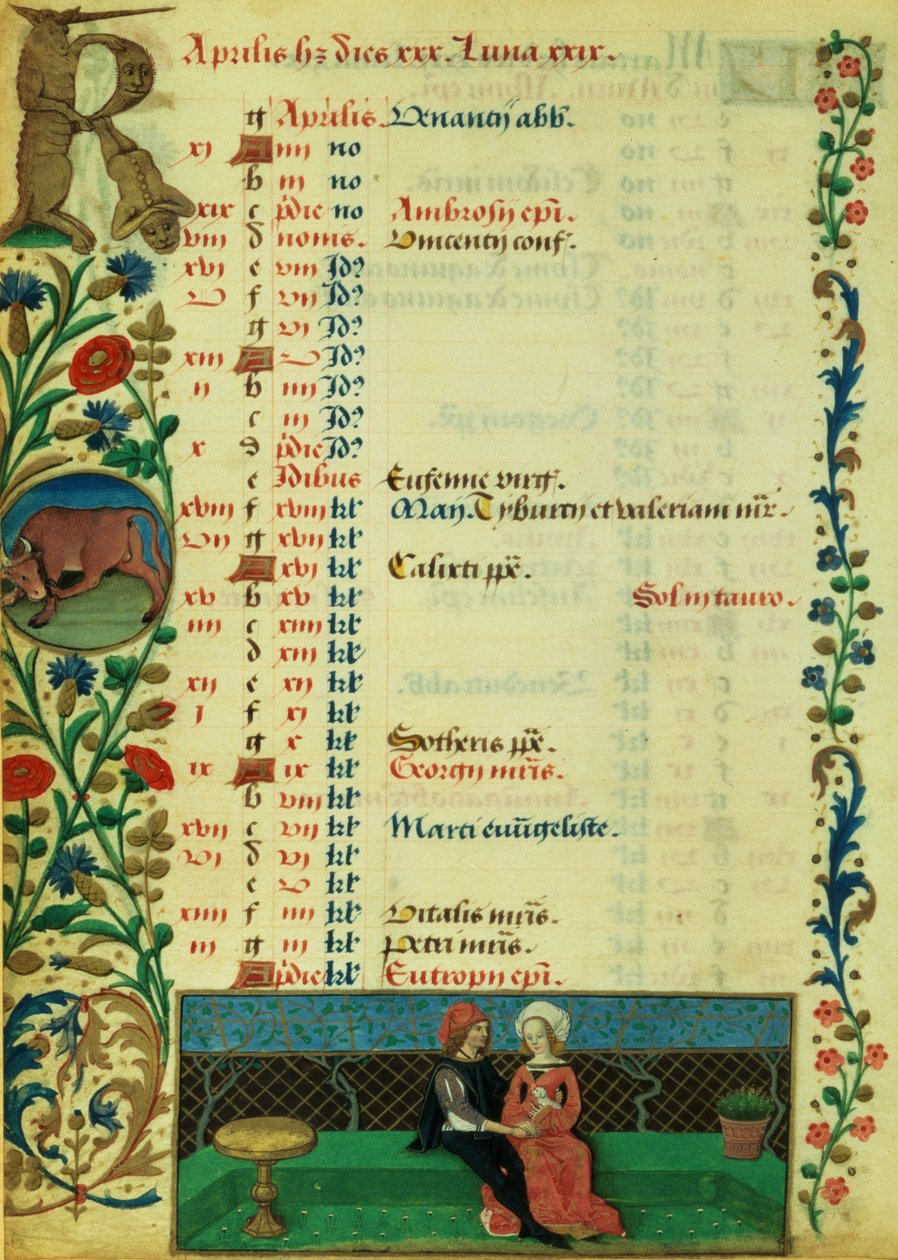 Lat 1173 f.2v április; Két szerető ül a szabadban, Robinet Testard, Angouleme Károly óráiból alkotó: French School
