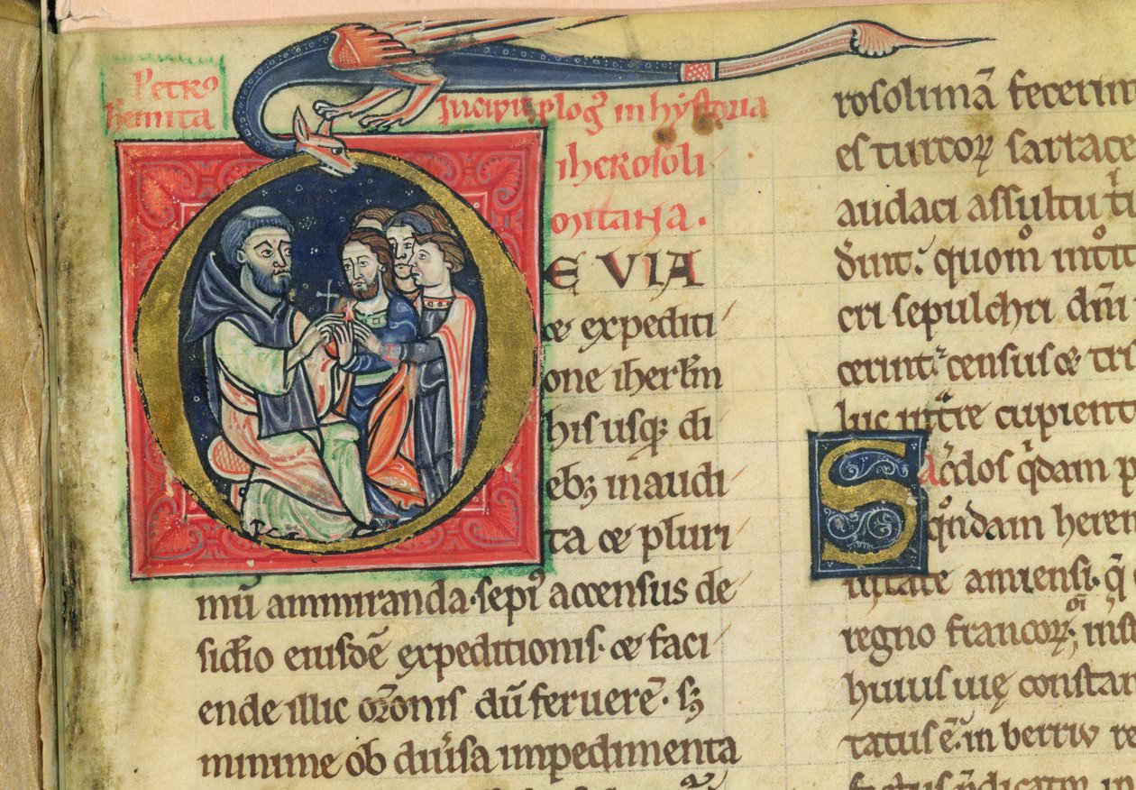 Lat 5128 f.1 Péter a remete kereszteket osztogat, Róbert szerzetes "Jeruzsálem története..." című művéből (pergamen). alkotó: French School