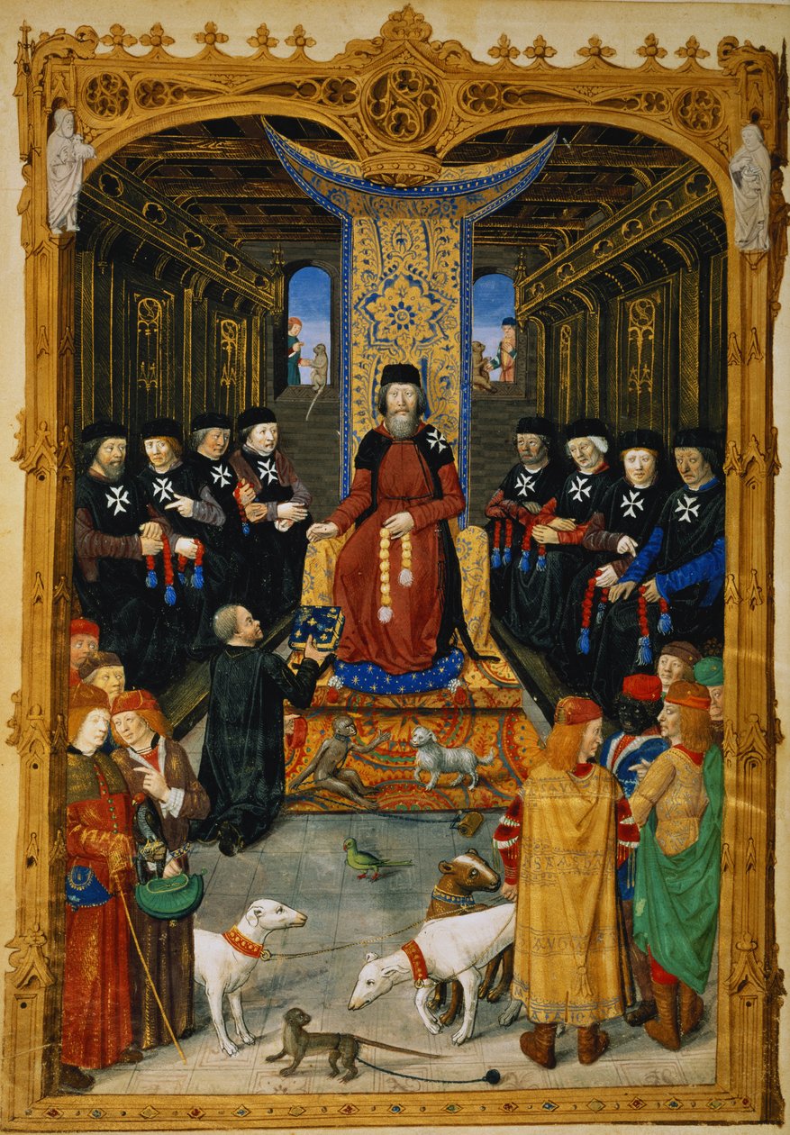 Lat 6067 f.3v A szerző, aki könyvét Pierre dAubussonnak, a Jeruzsálemi Szent János Lovagrend nagymesterének dedikálja Rodosz ostromának történetéből, Guillaume Caoursin, 1483 alkotó: French School