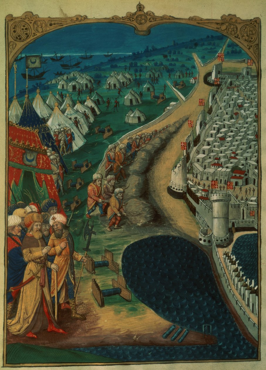 Lat 6067 f.50v II. Mohammed főtanácsadója, valószínűleg Miseh Paleologue, aki a török hadműveleteket irányította, 1480 körül, A Rodosz ostromának története, Guillaume Caoursin, 1483 alkotó: French School