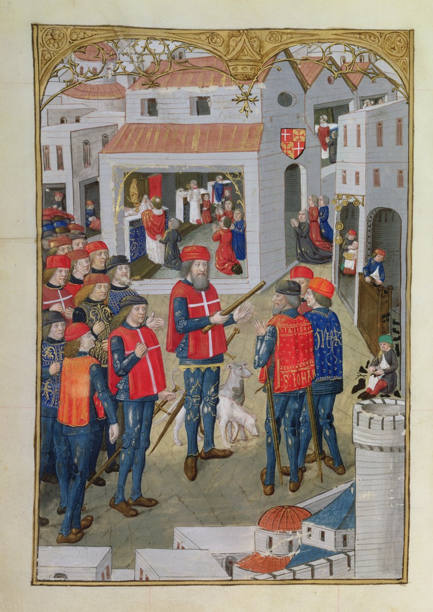 Lat 6067 fol.33v Jeruzsálemi Szent János lovagjai Rodosz védelmére készülnek, A Rodosz ostromának története, Guillaume Caoursin, 1483 alkotó: French School