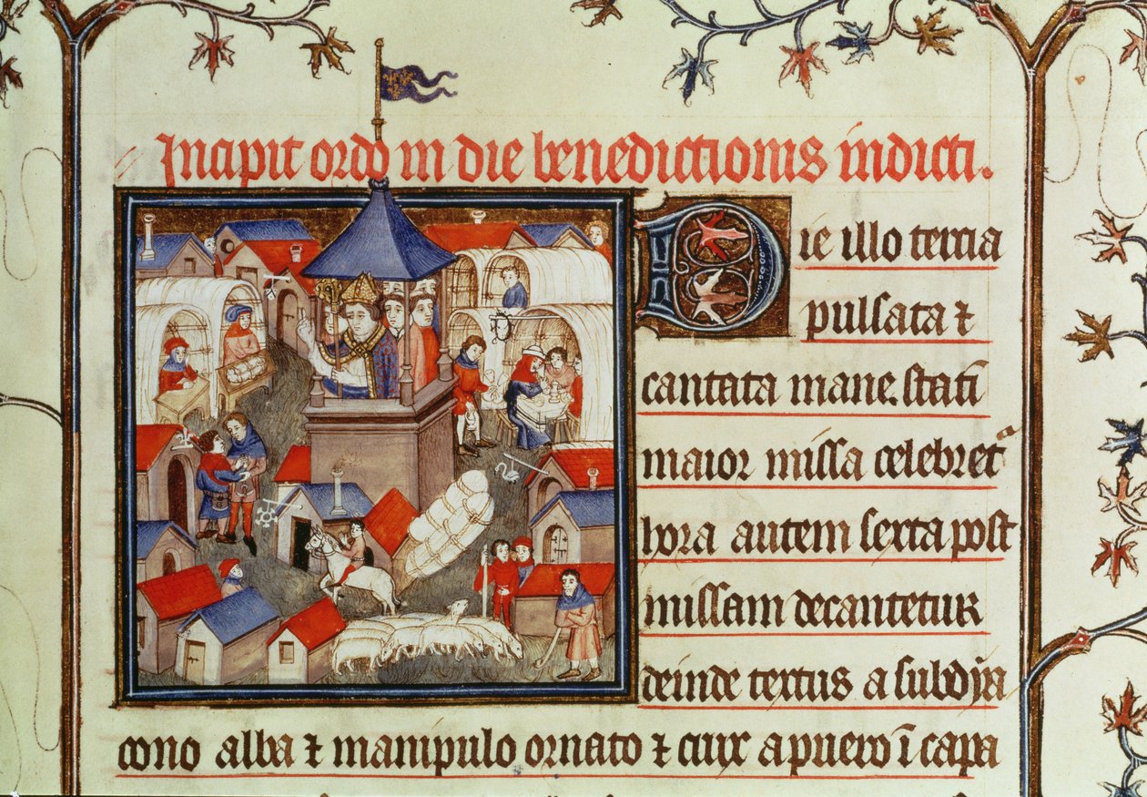 Lat 962 f.264 Miniatűr egy püspökről, aki megáldja az éves vásárt vagy piacot, amelyet júniusban két hétig tartanak St. Denis síkságán, egy pápa, 1301-1400 alkotó: French School