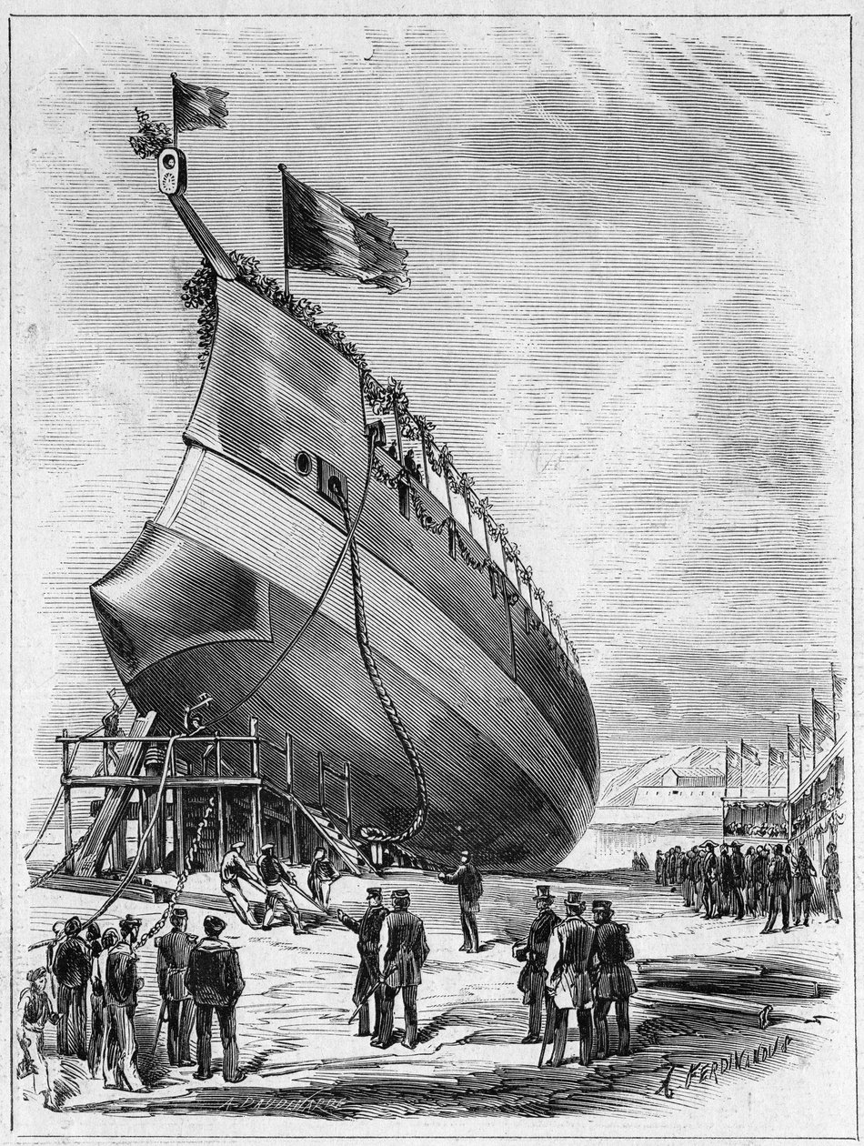 A „La Galissonniere” páncélhajó vízre bocsátása, 1872. május 7. Brest kikötőjében, Finistere (29). Metszet a „” Le Monde Illustré”” 789. számában, 1872. május 25. alkotó: French School