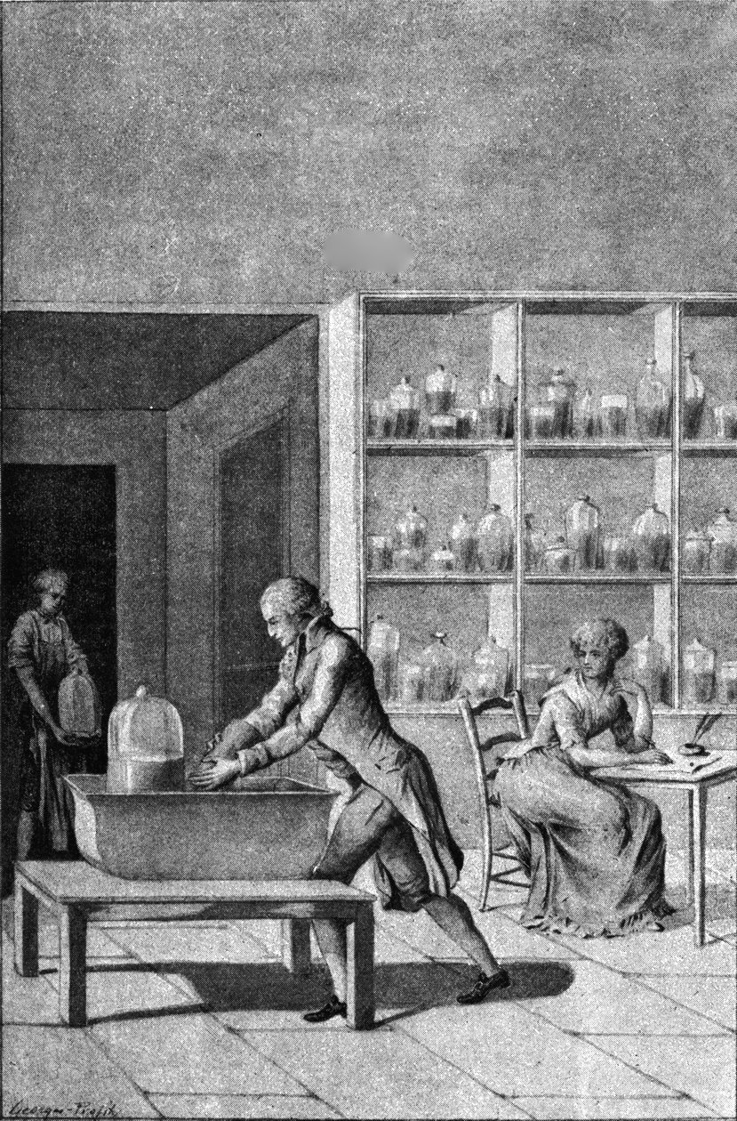 Lavoisier az Arsenalban lévő laboratóriumában, ahol egy légzési kísérletet mutat be, 18. század alkotó: French School