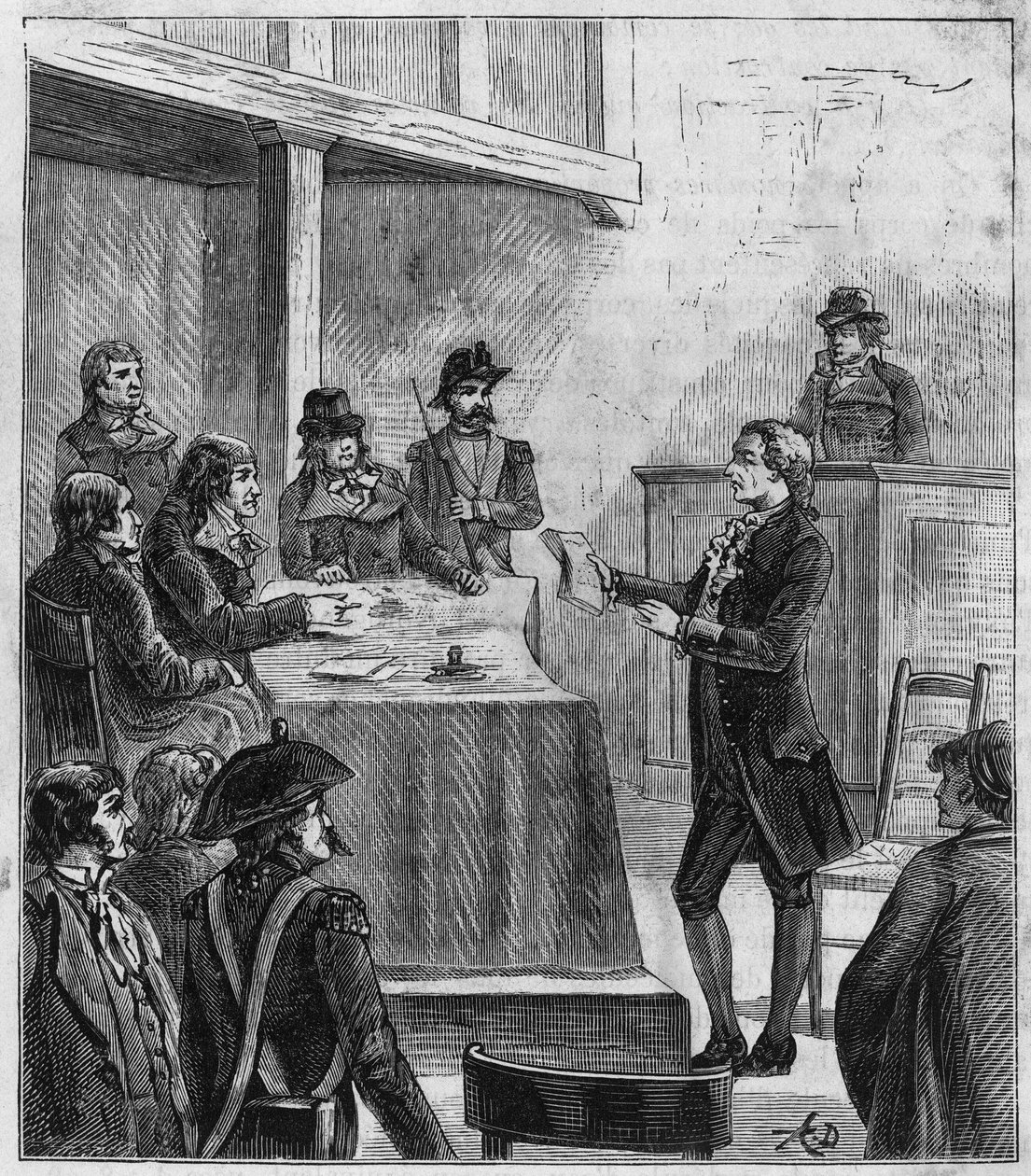 Lavoisier pere – Antoine Laurent de Lavoisier (1743-1794), francia kémikus a forradalmi törvényszék előtt – Metszet a „Sciences à la gratete de tous – physics et chimie populaires” című könyvébe Alexis Clerc – 19. század vége – Magángyűjtemény alkotó: French School