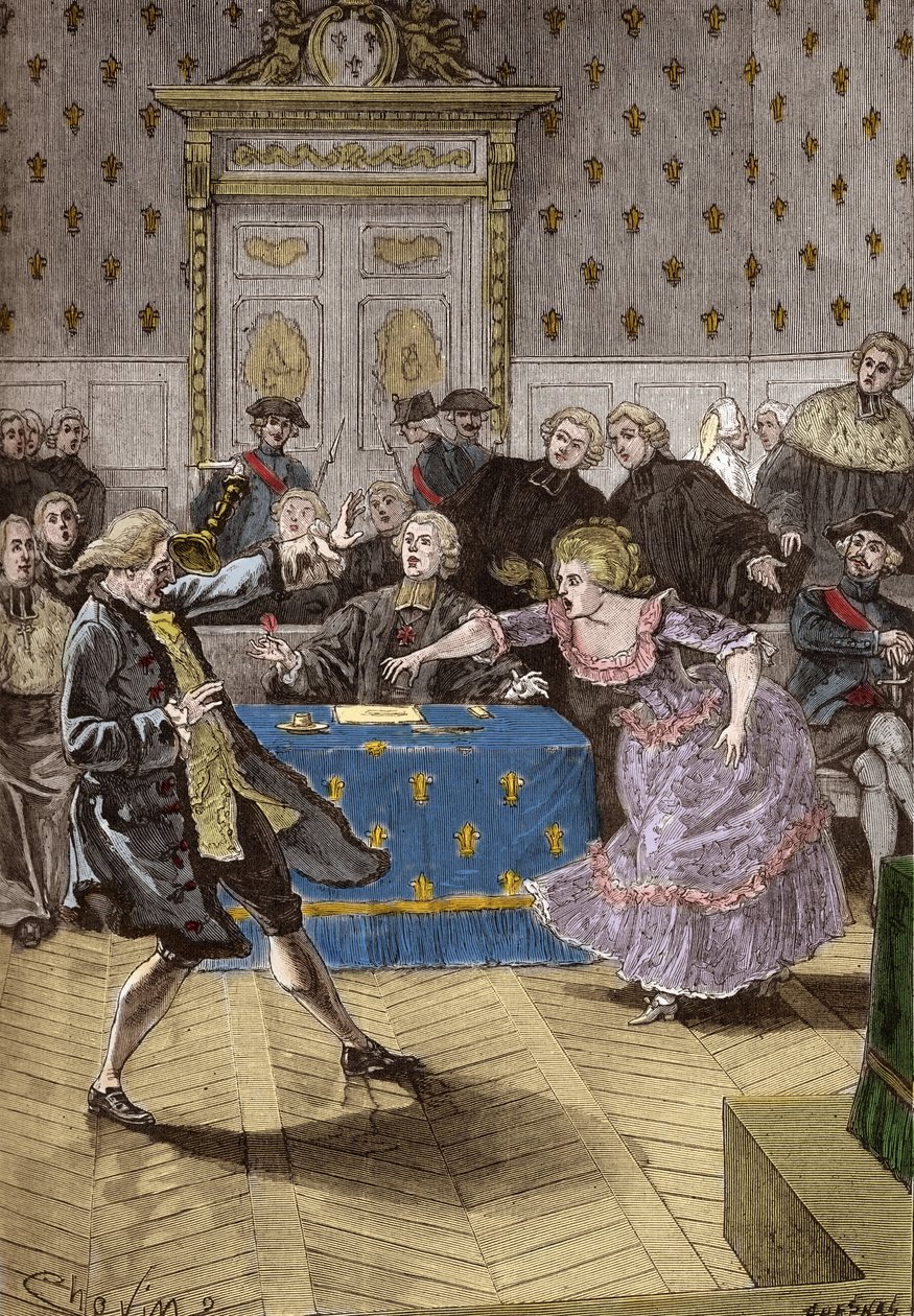 Marie-Antoinette királynő nyakláncának ügye miatti per – A párizsi parlament előtt Cagliostro túl messzire lökte Lamotte-Valois hamis grófnőjét, a Rohan bíborosát megtévesztő intrikus. május 31 alkotó: French School