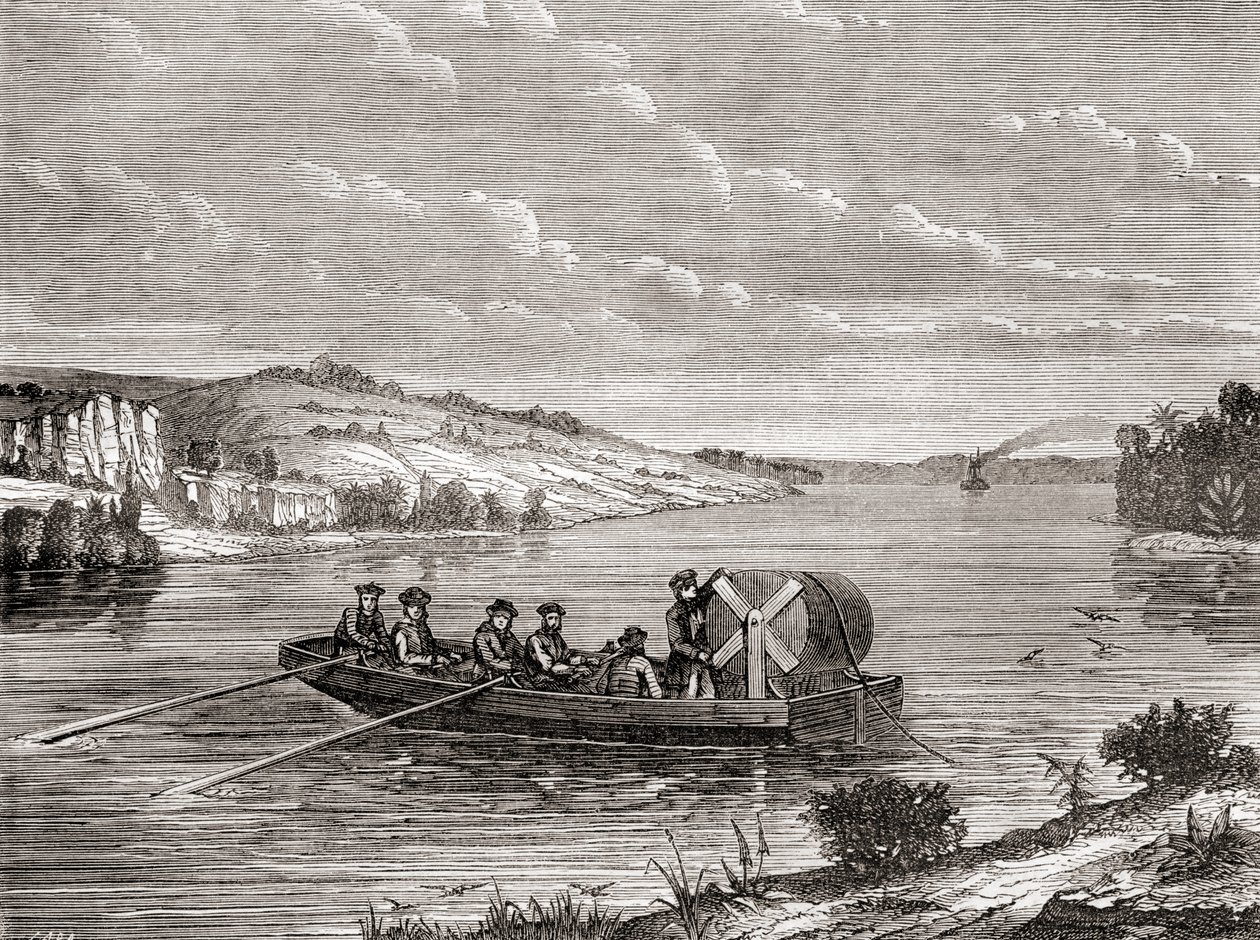 Távírókábel fektetése egy amerikai folyó alatt 1860 körül, a Les Merveilles de la Science-ből, megjelent 1870 körül (metszet) alkotó: French School