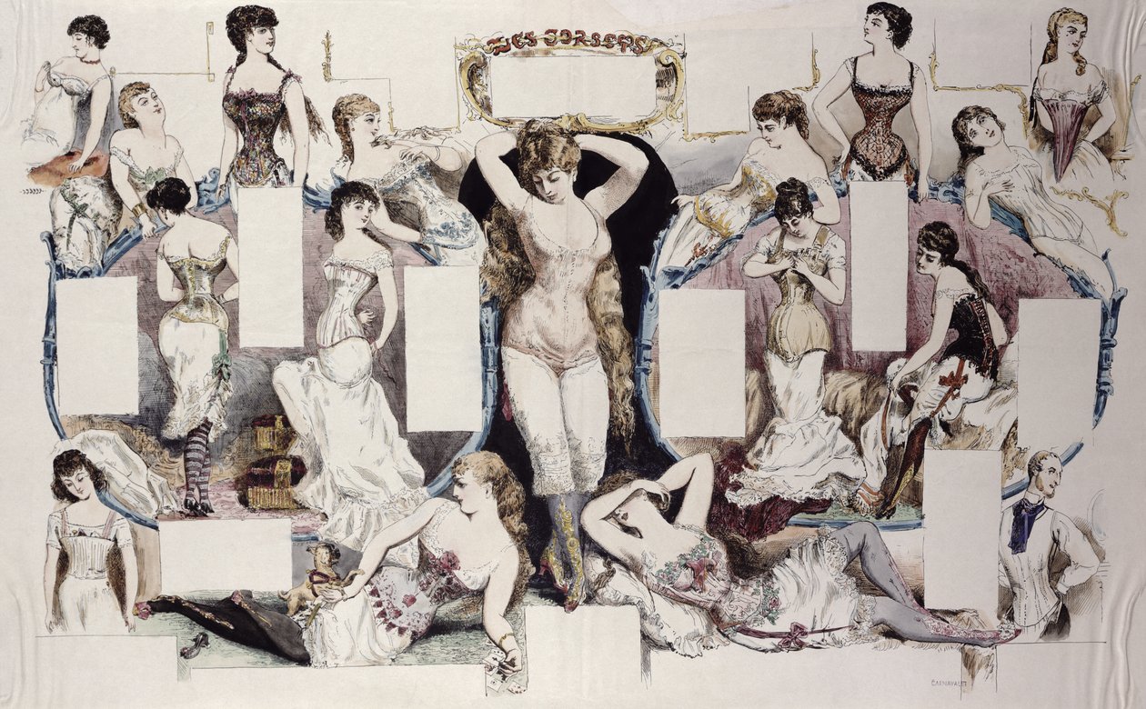 Elrendezési illusztrációk egy női fehérneműről szóló cikkhez, a La Vie Parisienne-ből, 1870 körül alkotó: French School