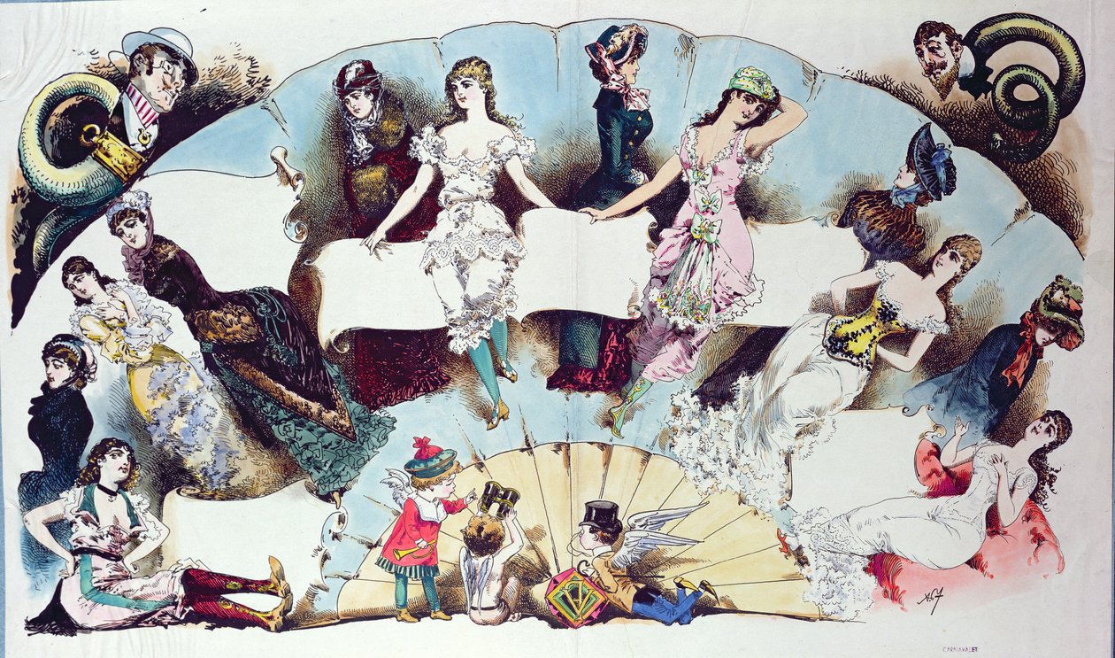 Elrendezési illusztrációk egy női fehérneműről szóló cikkhez, a La Vie Parisienne-ből, 1870 körül alkotó: French School