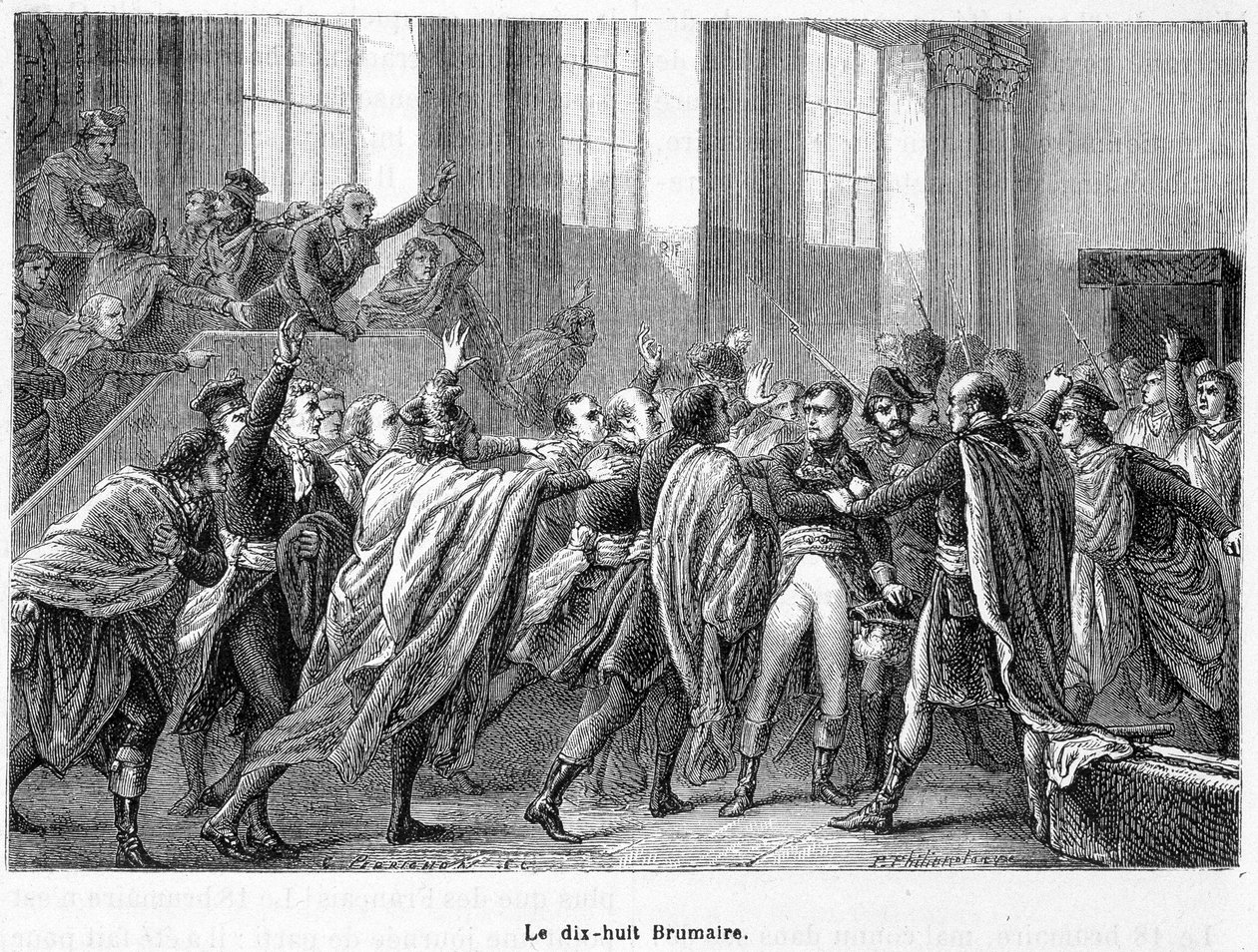 18 Brumaire 8. év: Napóleon államcsíny Saint-Cloudban a Conseil des Cinq-Centsben (Ötszáz) (500 szoba) – a „La France Populaire”-ben” alkotó: French School