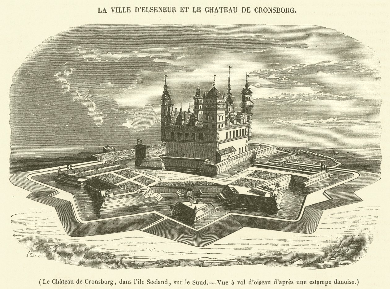 Cronsborg kastély, Seeland szigetén, a Sundon, madártávlatból (metszet) alkotó: French School