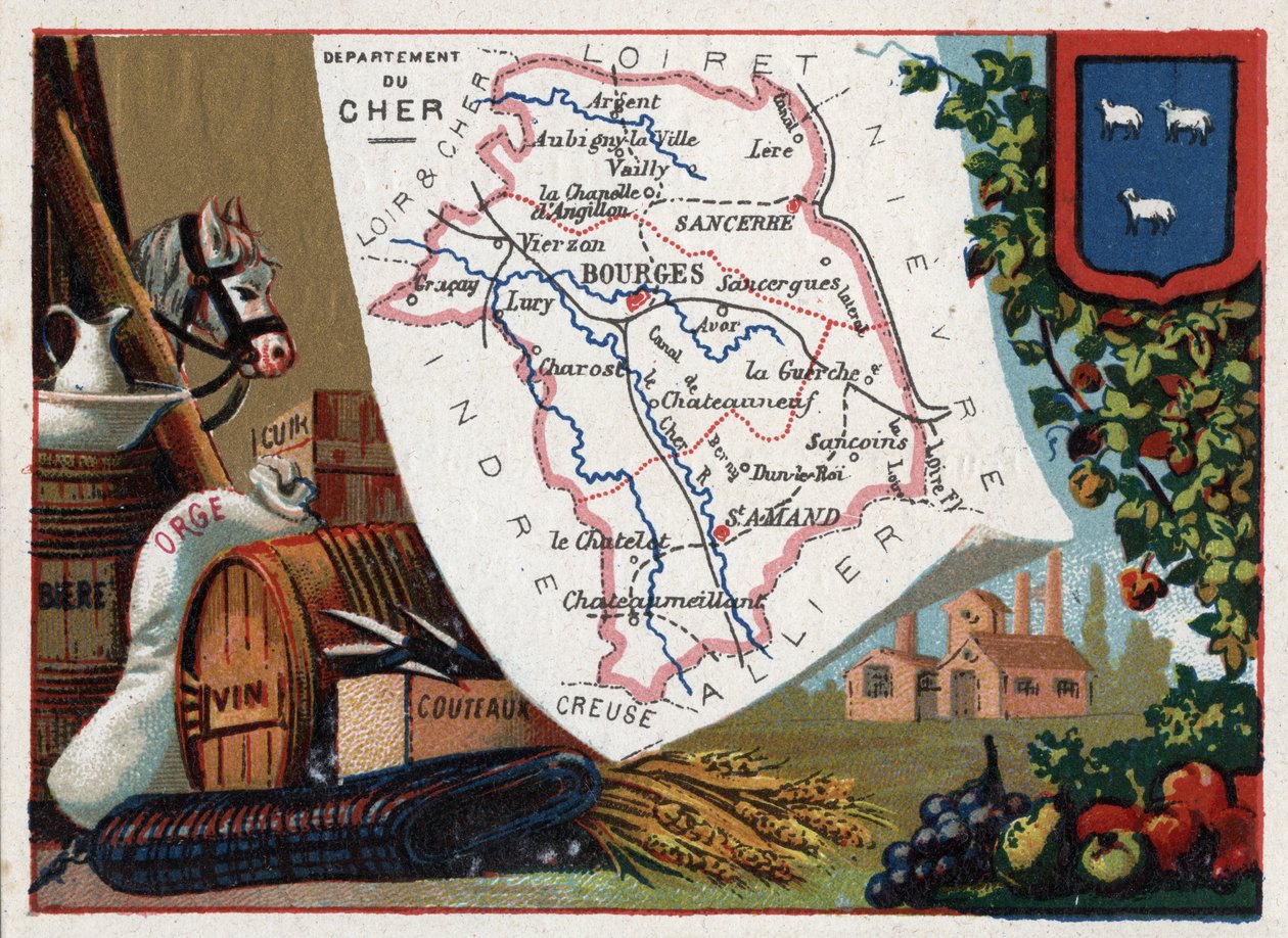 Le Cher (18), Centre, Franciaország. Sorozat a francia minisztériumokról. Sör, árpa, bőr, bor és kések. Kromolitográfia (Chromo) „” a földrajzi szál””, 1920 körül. Magángyűjtemény. alkotó: French School
