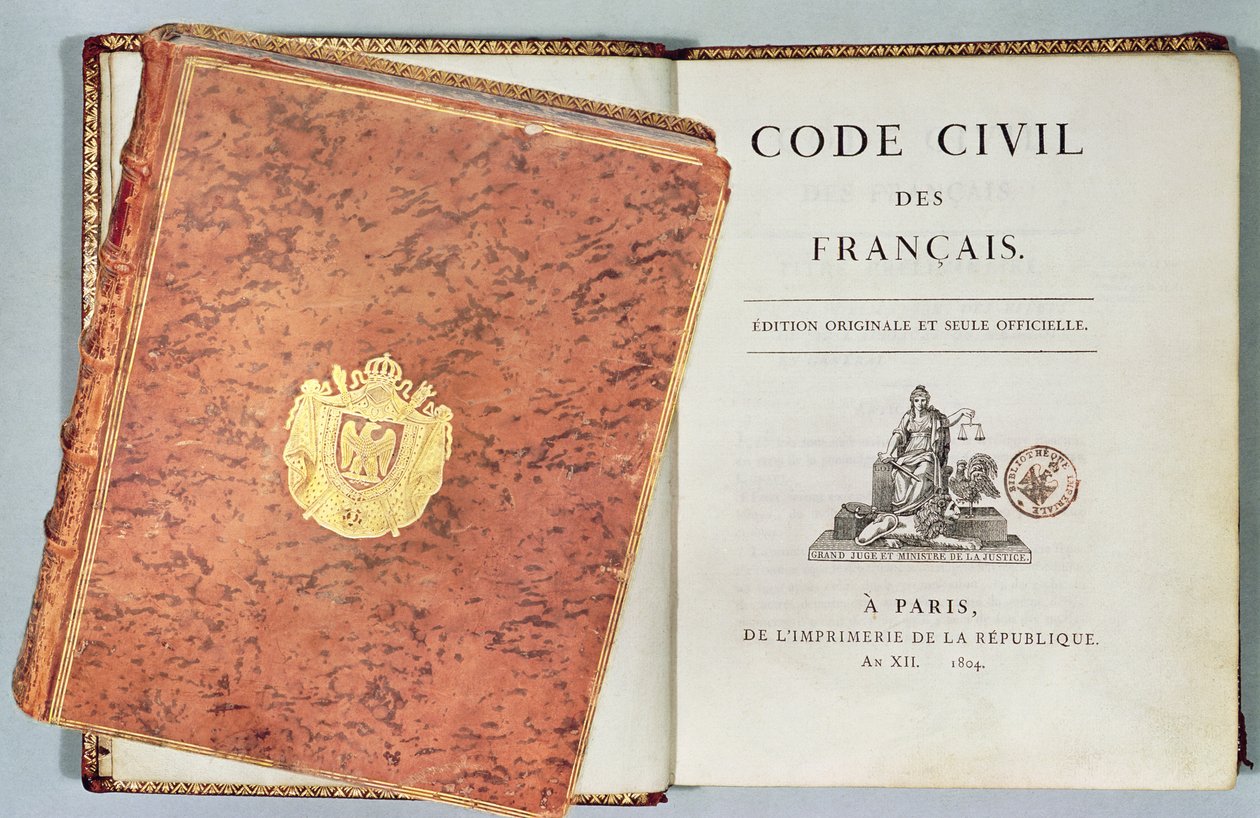 Le Code Civil des Francais, a kötés és a címlap látható, első kiadású kocsma. 1804 alkotó: French School