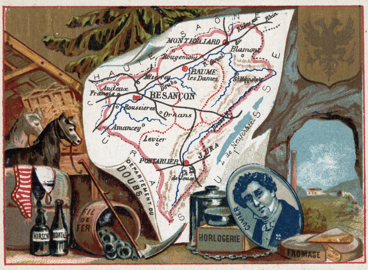 Le Doubs (25), Franche Comte (Franche-Comte), Franciaország. Georges Cuvier (1764-1832) francia paleontológus portréja. Helyi specialitások: kirsch, üröm, óragyártás, drót és mezőgazdaság. Sorozat a francia minisztériumokról. Kromolitográfia (Chromo) „” az alkotó: French School