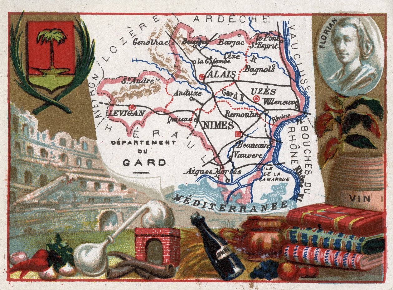 Le Gard (30), Languedoc-Roussillon (Languedoc Roussillon), Franciaország - Helyi specialitások: eau de vie (desztilláló készülék) és bor - Jean-Pierre-Claris (Jean Pierre Claris) de Florian (1755-1794) portréja - Serie a francia megyékről - Chromoli alkotó: French School