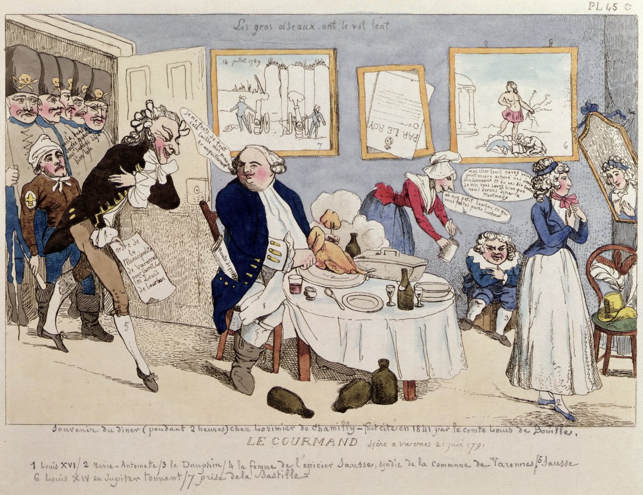 Le Gourmand, XVI. Lajos (1754-93) és a francia királyi család karikatúrája varennes-i letartóztatásuk pillanatában, 1791. június 21-én alkotó: French School