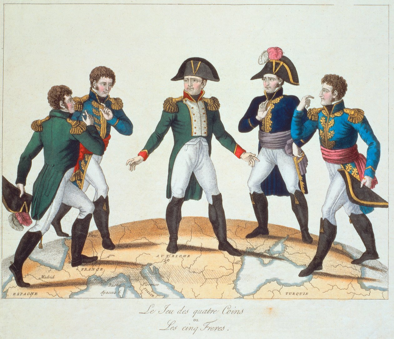 The Game of Four Coins or The Five Brothers, Napóleont és testvéreit ábrázoló bonapartista rajzfilm, 1808 alkotó: French School