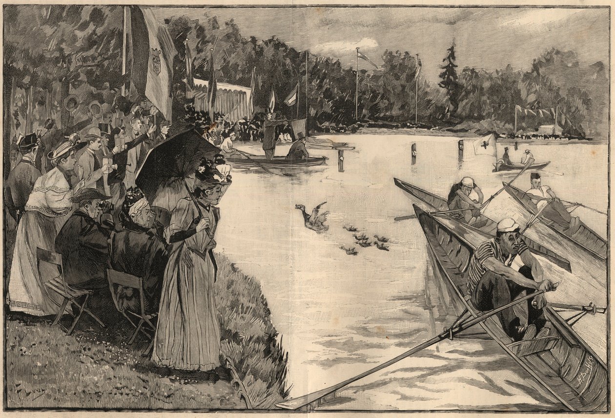 Le Lendit de Paris: iskolai regates a Grand lac du bois de Boulogne-ban – Metszet 1894-ből Lunel úr rajza alapján alkotó: French School