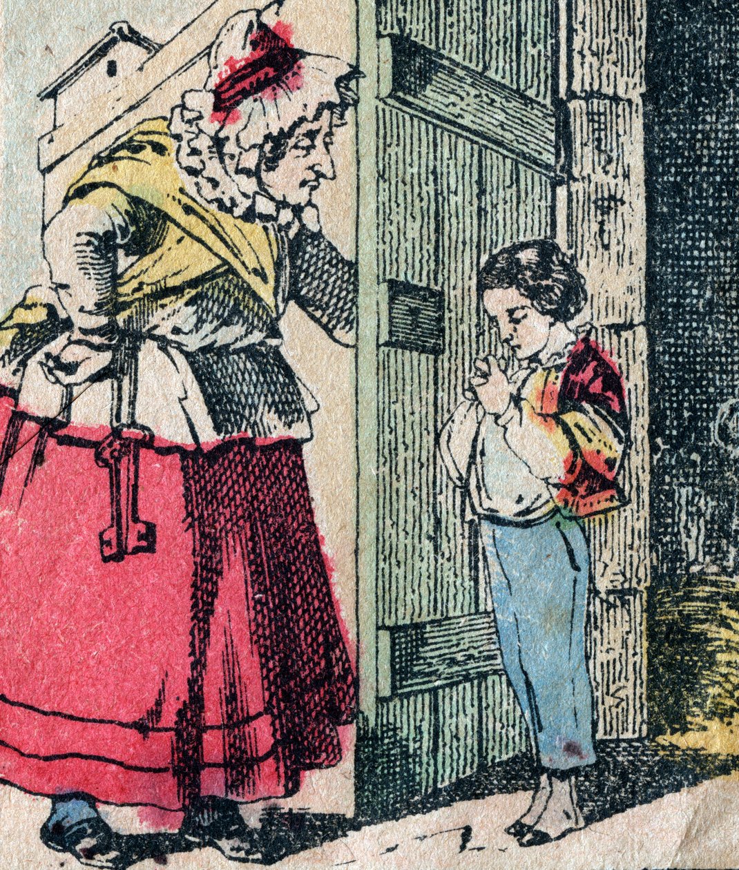 Le Pere Fouettard, a korbácsoló apa francia karaktere, a folklór legendás alakja, aki megbünteti a szemtelen gyerekeket: felesége, La Mere Fouettard, a korbácsoló anya, aki megbánt gyerekeket szül - Epinal kép alkotó: French School