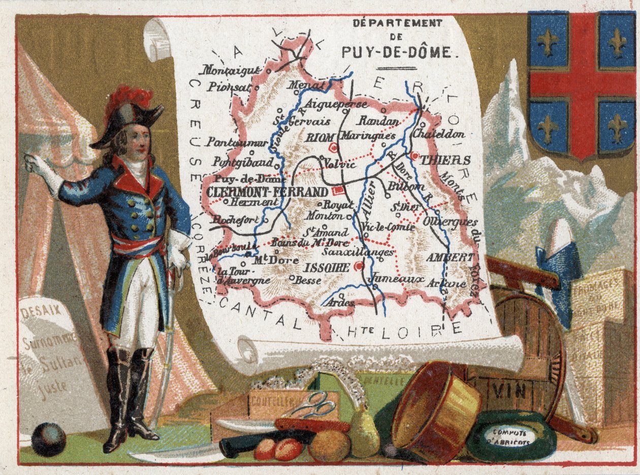 Le Puy Du Dome (Puy-Du-Dome, 63), Auvergne, Franciaország. Louis Charles Antoine Desaix (1768-1800) portréja, evőeszközök, bor, sárgabarackbefőtt. Sorozat a francia minisztériumokról. Kromolitográfia (Chromo) „a földrajzi szál”, 1920 körül. Private collect alkotó: French School