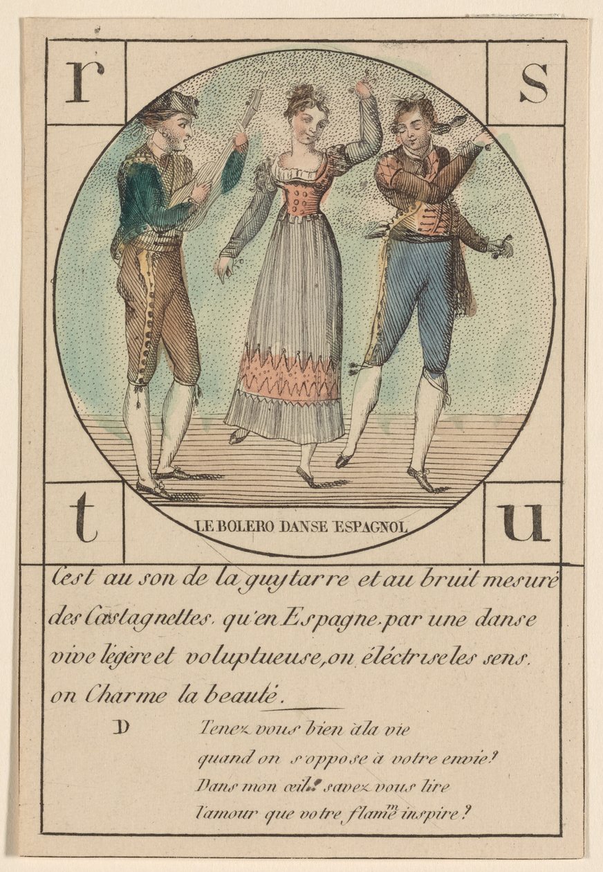 "The Bolero, Spanyol tánc", egy sor ábécé kártya, 1810-1919 körül alkotó: French School