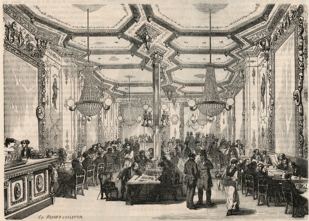 A Pierron kávézó Párizsban a 19. században – Edmond Texier metszete a „Tableau-de-Paris”-ban 1852 alkotó: French School
