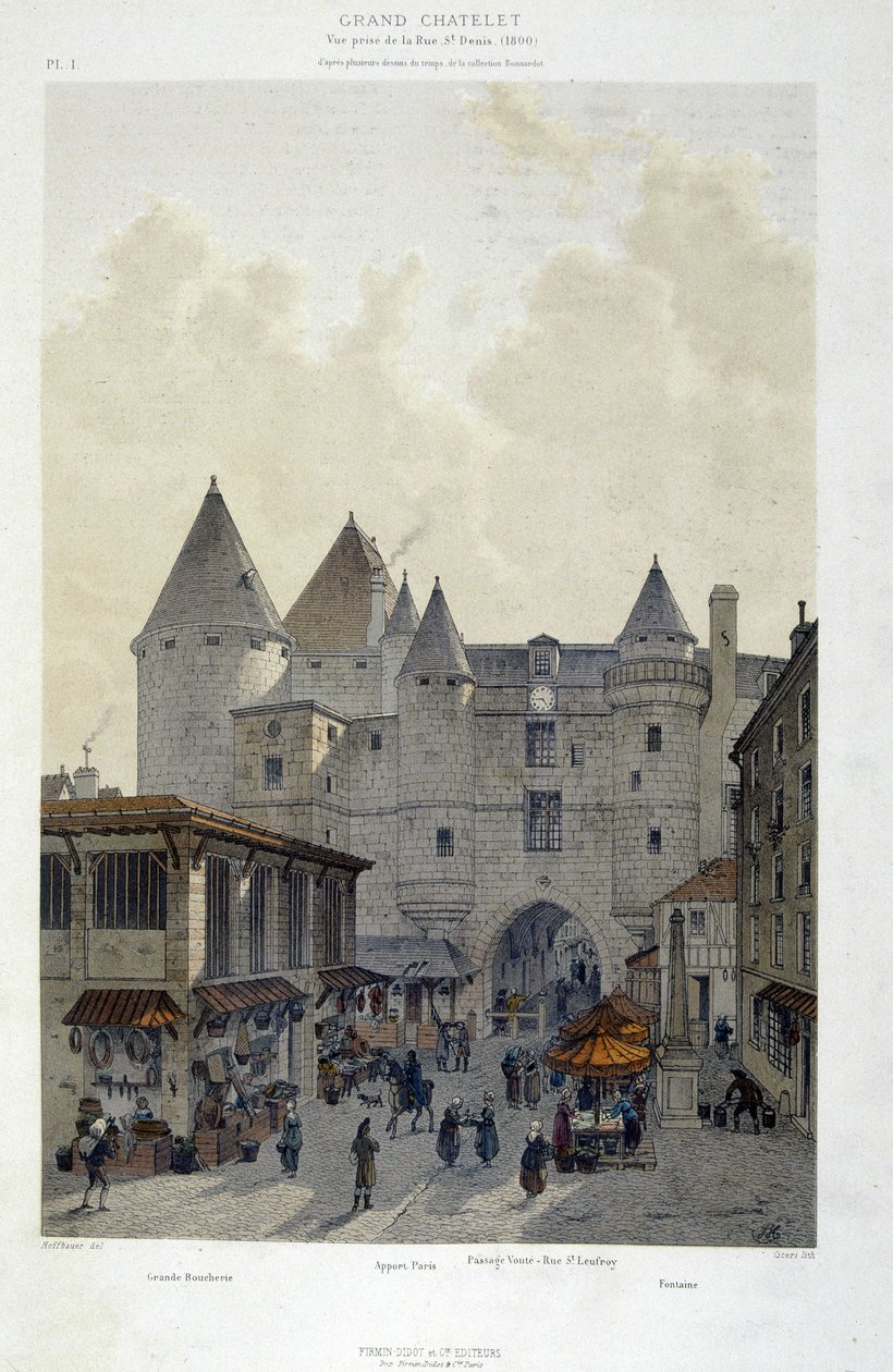 Le grand Chatelet a rue St Denis mellett 1800-ban - „Párizsban a korokon át: a templom és a rue Royale”, 19. század vége alkotó: French School