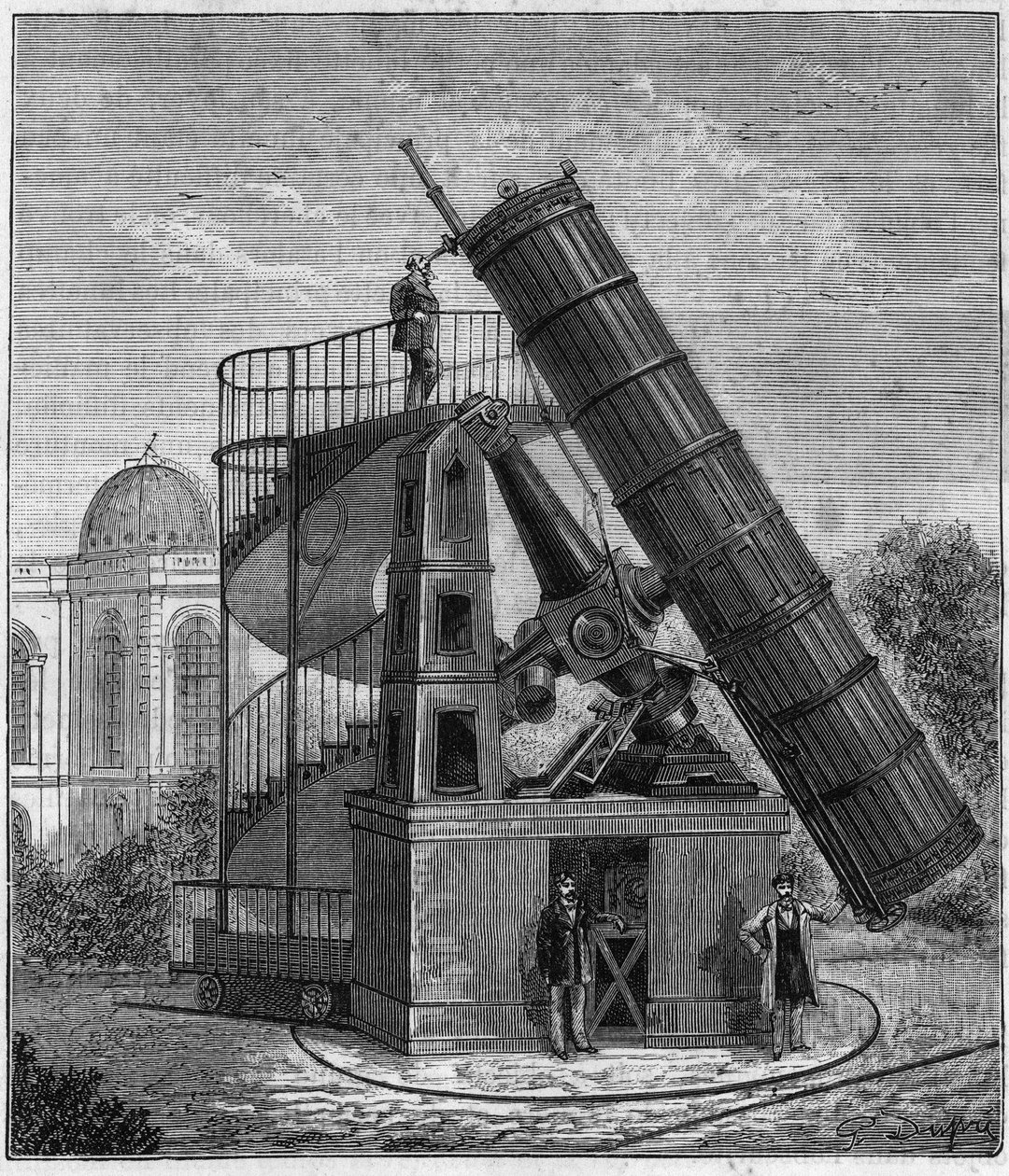 A párizsi obszervatórium nagy távcsöve a 19. században - Metszet in "" Sciences à la potee de tous - physics et chimie populaires" Alexis Clerc - 19. század vége. Magángyűjtemény. alkotó: French School
