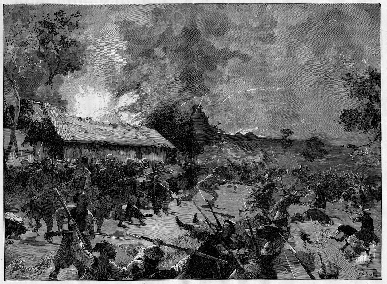 Hue-i csapda (guet apens), 1885. július 4-5.: egy tonkinai hadsereg (Vietnam) támadása de Courcy tábornok francia csapatai ellen. Metszet a ""The Illustrious World""-ben alkotó: French School