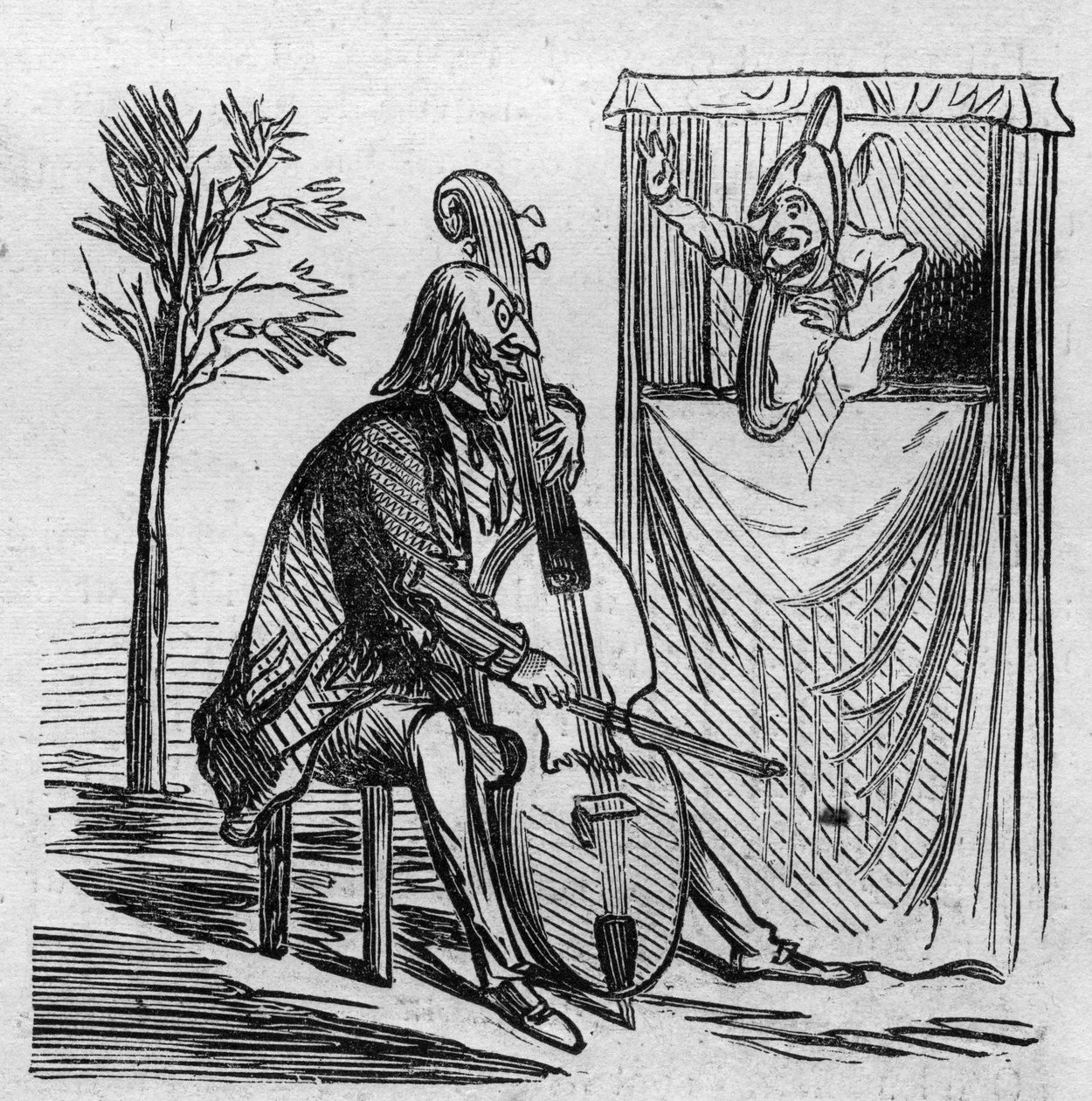 Offenbach mester a zenéjével monopolizálta Párizs összes színházát. A német honosított francia zeneszerző, Jacques Offenbach (1819-1880) csellózik. Cham rajzfilm. Metszet a "Le Monde Illustre" 499. sz.-ban, 1866. november 3-án. alkotó: French School