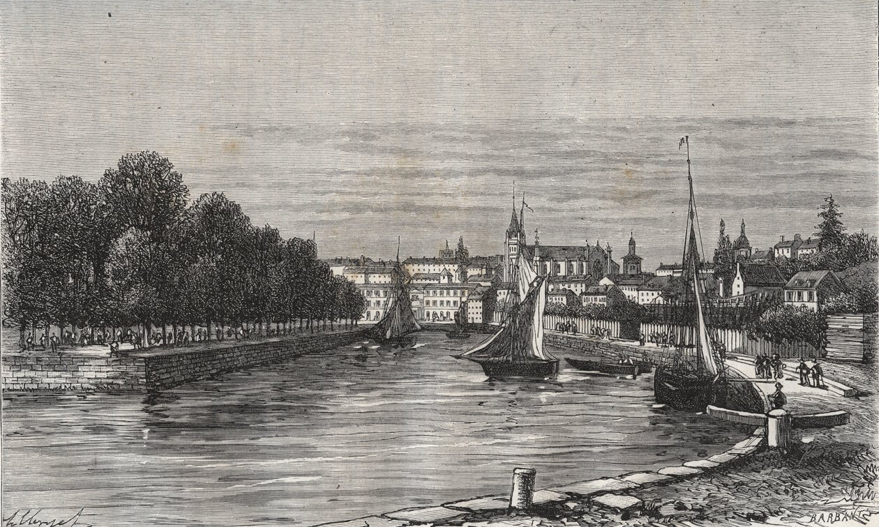 Le port de Vannes (Morbihan, Franciaország)// Vannes kikötője (Morbihan, Franciaország) - metszet a „La France illustrée: geographie, histoire, Administrationstatistique”-ben, V.-A. Malátabarna. 1884 alkotó: French School