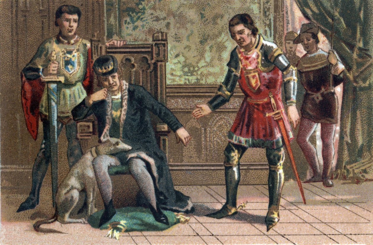 A Közjó Ligája: XI. Lajos király találkozik Temeraire Károlyral Peronne-ban, Burgundia hercegében. Kromolitográfia 1890 körül. alkotó: French School