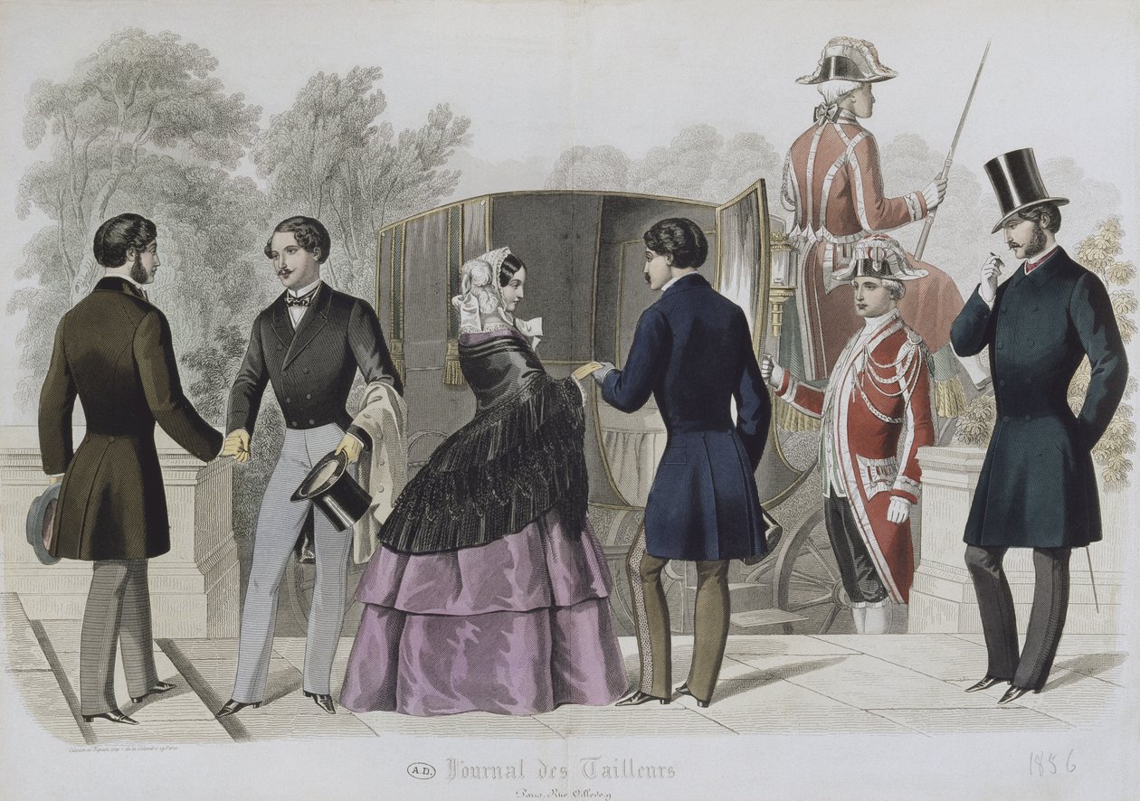 Indulás taxival, illusztráció a Le Journal des Tailleurs-ből, 1856 (színes gravírozás) alkotó: French School