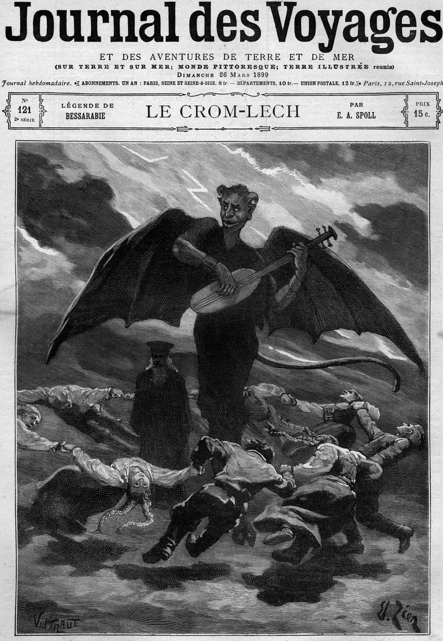 Besszarábia legendája (Kelet-Európa): Crom Lech (Crom-Lech). A balalajkát játszó Sátán végtelen körbe neveli a táncosokat. Metszet az 1899. március 26-i „” Journal des Voyages”-ban. alkotó: French School