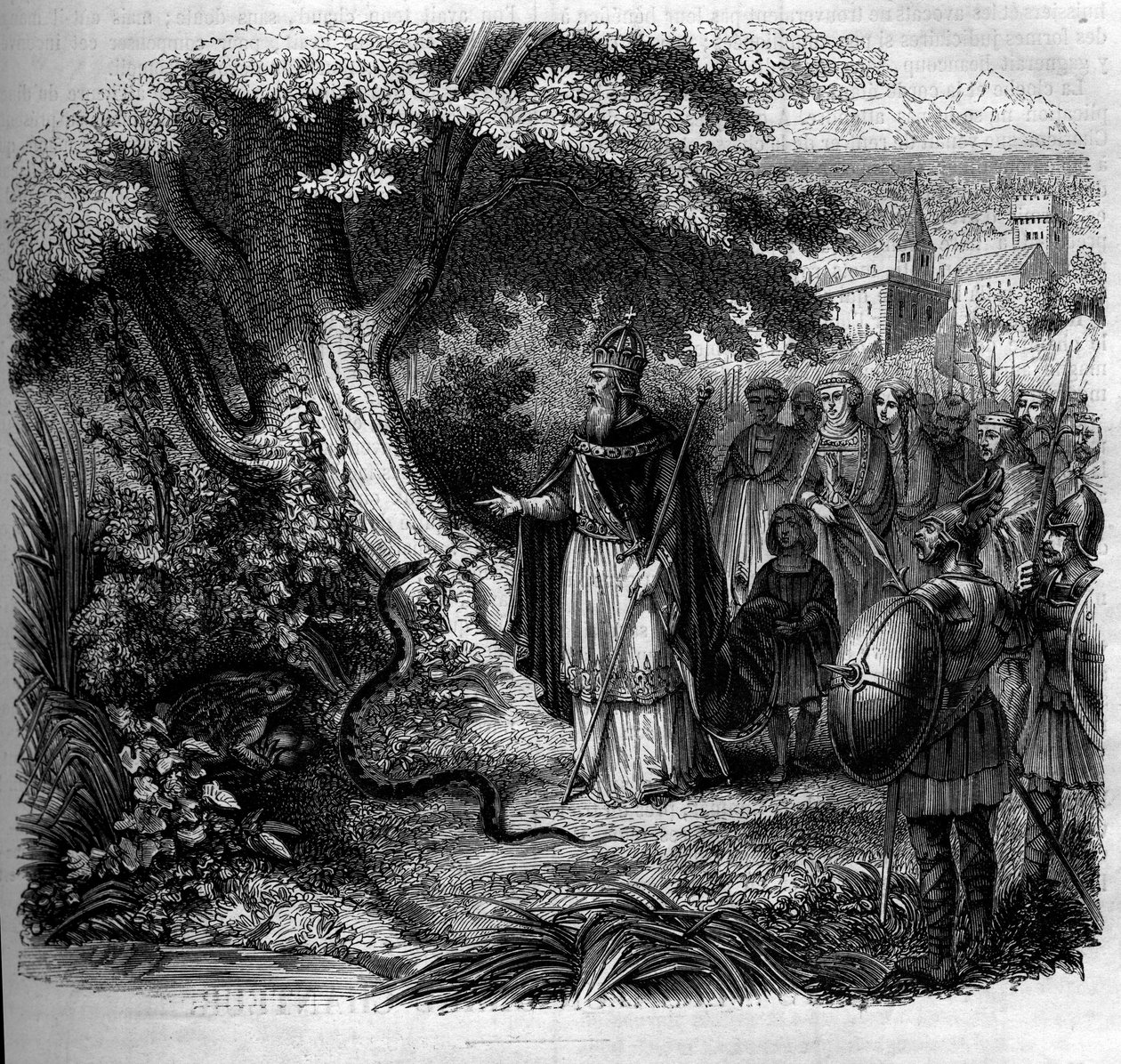 Legenda Nagy Károlyról és a kígyóról: a császár a kígyó fészek előtt, egy varangy által megszállva. Metszet 1852-ből. alkotó: French School