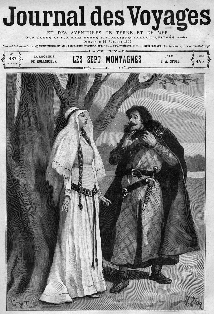 Rolandseck legendája: Hildegonde értesül Roland, vőlegénye haláláról, és hallgat a fájdalomról. A „Roland ének” német adaptációja”. Metszet a „Journal des Voyages” július 16-án alkotó: French School