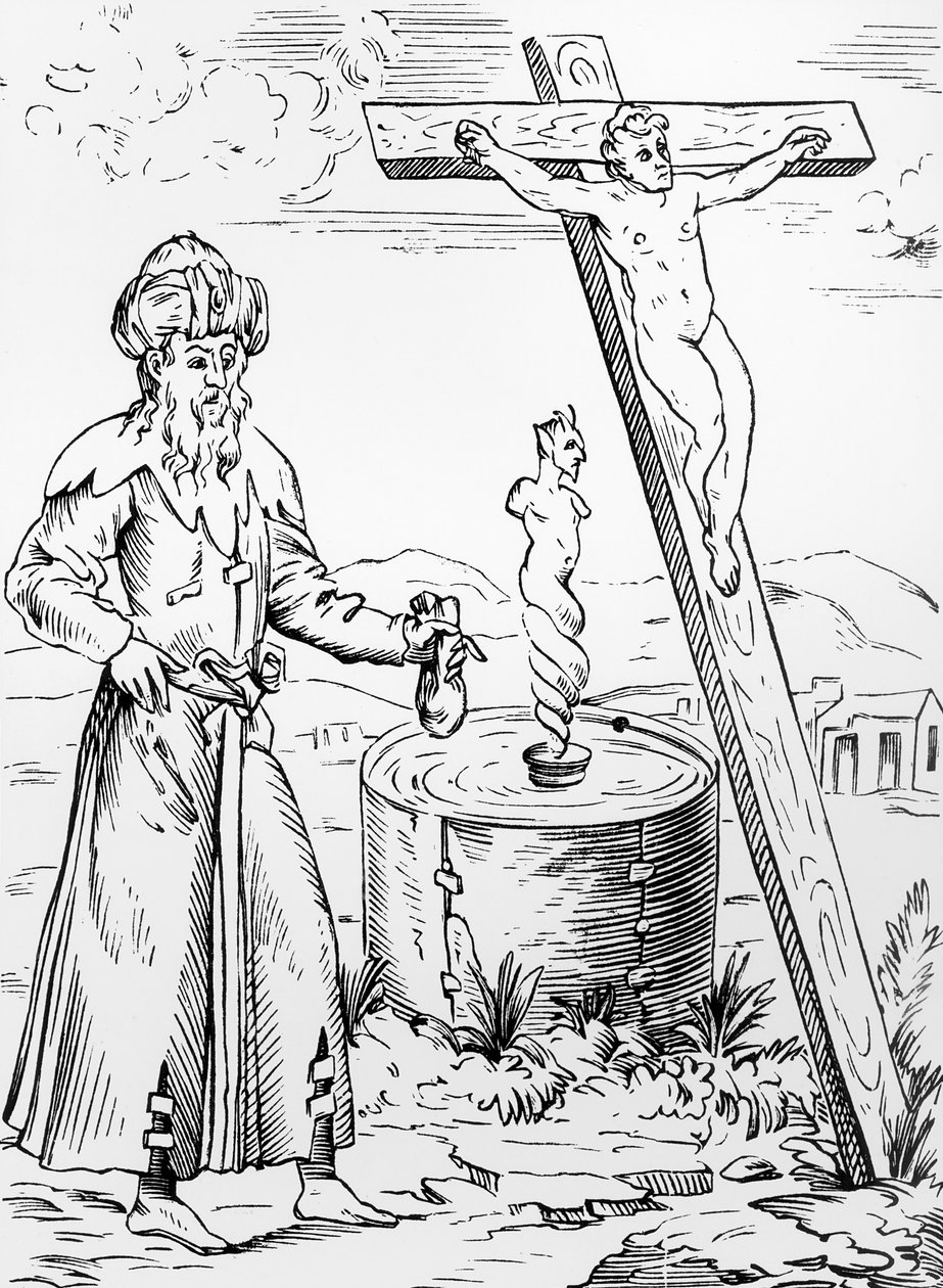 Legenda a zsidóról, aki véredényből hívja az ördögöt, Pierre Boaistuau Histoires Prodigieux című könyvének 1560-ban megjelent fametszete nyomán. alkotó: French School