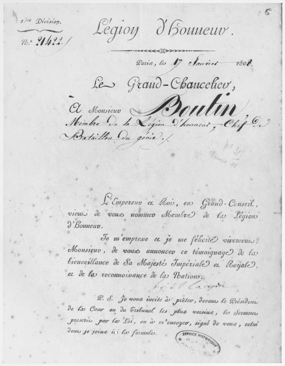 Du Genie Boutin ezredesnek adományozott Becsületlégió 1808. január 17-én alkotó: French School