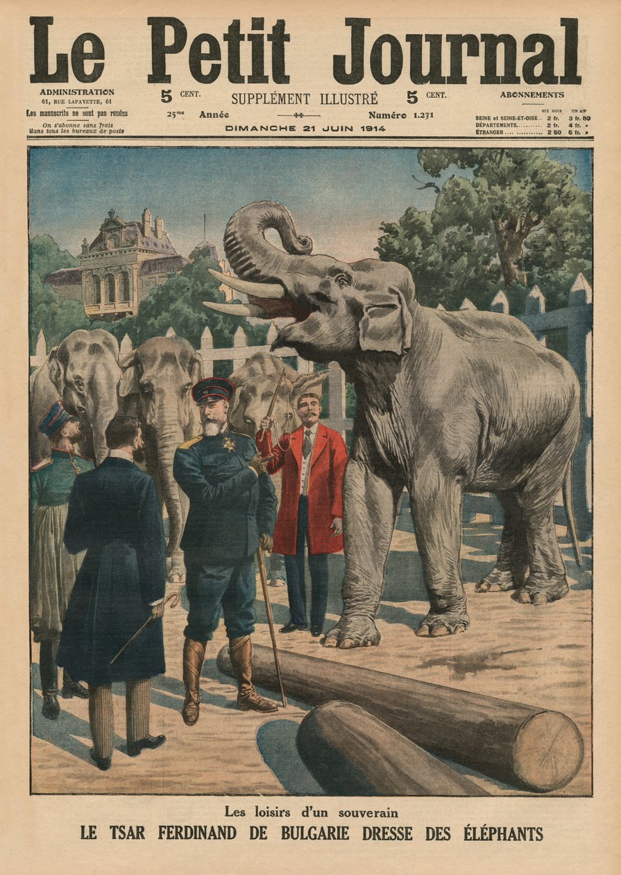 Egy uralkodó, I. Ferdinánd bolgár cár, aki elefántokat szelídít, szabadideje, a „Le Petit Journal” címlapjának illusztrációja, mellékillusztráció, 1914. június 21. alkotó: French School